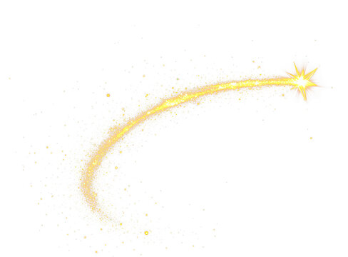 Golden shooting star streaks across  isolate on transparent background, leaving a trail of sparkling dust, cutout, png