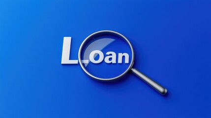Concept of loan with a magnifying glass highlighting the word on a blue background.