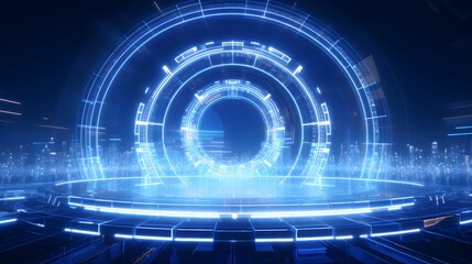 Futuristic digital interface featuring glowing circular patterns and a high-tech environment during a night setting