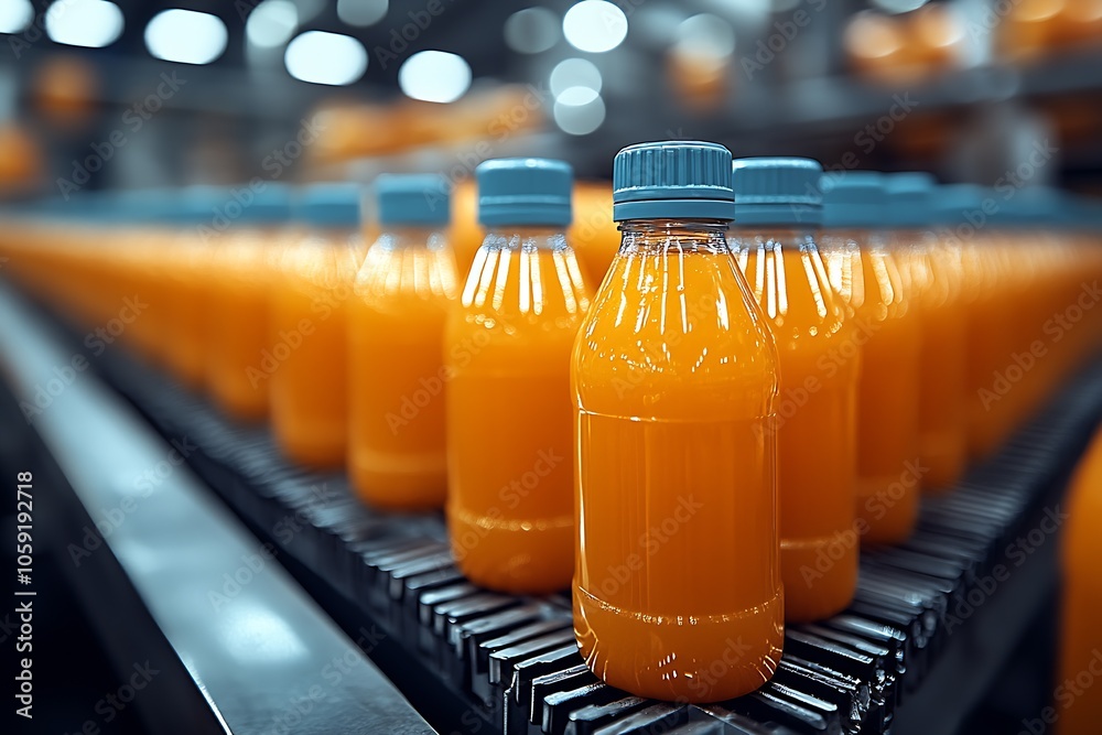 Poster Large Scale Orange Juice Production Line with Focus on Bottles : Generative AI