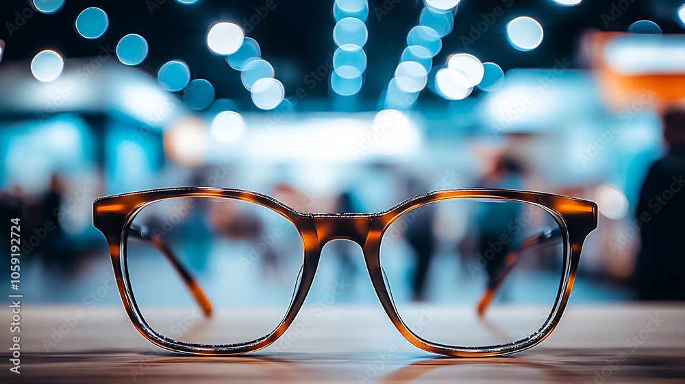 Poster Modern glasses with tortoiseshell frame in a blurred bokeh background in an urban city setting : Generative AI