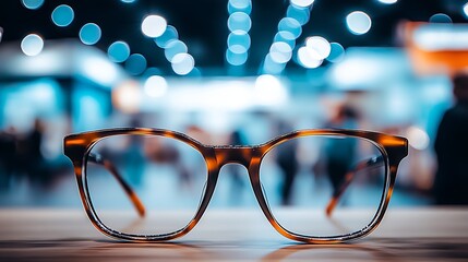 Modern glasses with tortoiseshell frame in a blurred bokeh background in an urban city setting : Generative AI