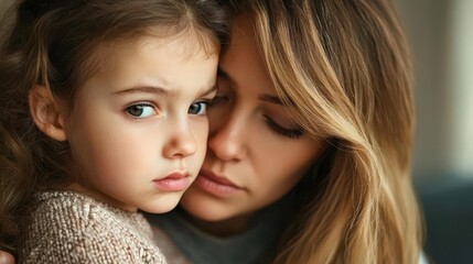 Mother checking child s ear, concerned look, home environment, ear pain, infection care