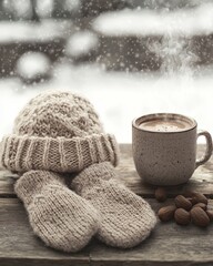 Cozy Winter Scene with Hot Chocolate and Knitted Accessories