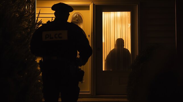 Silhouette of Police Officer Approaching House at Night with Warm Light and Investigative Stance : Generative AI