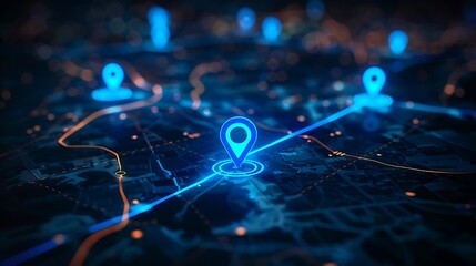 A digital map with glowing location pins, illustrating navigation and connectivity.