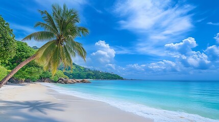 Scenic Tropical Beach with Azure Ocean and Lush Green Forest under Sunny Skies : Generative AI