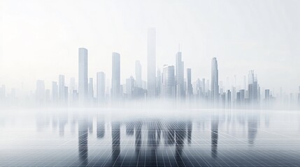 Fototapeta premium Urban Illusion: Commercial CBD Skyline with Exhibition Platforms and E-Commerce Under a Bright Sun
