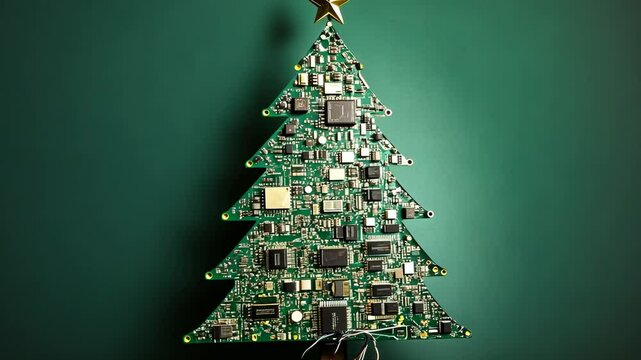 A circuit board Christmas tree sits in front of a green background