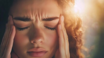 Fototapeta premium Woman frowning, fingers on ear, soft lighting, infection symptoms, ear pain awareness