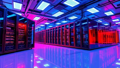 Rows of Servers Illuminated by Pink and Blue Lights in a Data Center