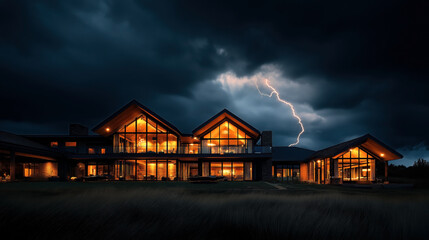 Modern, illuminated glass-fronted house with dark storm clouds and lightning in the background, showcasing elegant architecture and dramatic lighting effects.