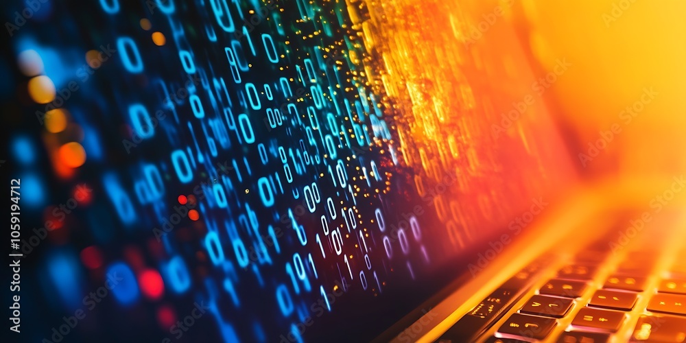 Poster Cybersecurity Illustrated with Binary Code Descending on a Laptop Screen : Generative AI