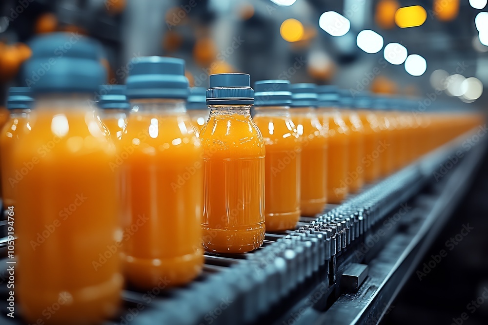Poster Seamless Orange Juice Factory Operation with Bottles in Focus : Generative AI