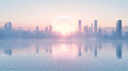 Fototapeta premium Urban Illusion: Commercial CBD Skyline with Exhibition Platforms and E-Commerce Under a Bright Sun