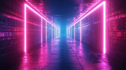 A glowing, neon-lit tunnel with digital lines and walls in a virtual reality setting.