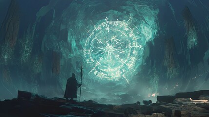 A Figure with a Staff Stands Before a Glowing Circular Portal in a Mystical Realm