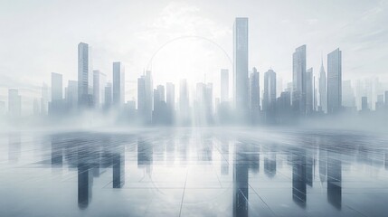 Fototapeta premium Urban Illusion: Commercial CBD Skyline with Exhibition Platforms and E-Commerce Under a Bright Sun