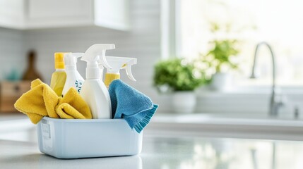 A caddy filled with cleaning supplies on a bright kitchen counter ready for spring cleaning tasks