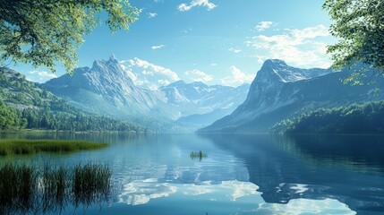 Naklejka premium A serene landscape showcasing a tranquil lake surrounded by majestic mountains and lush greenery under a clear blue sky.