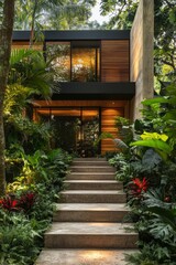 Obraz premium Modern architectural entrance surrounded by lush greenery in the afternoon light