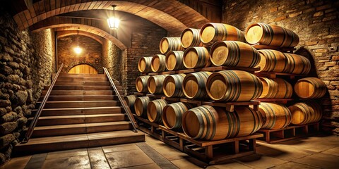 Fototapeta premium wine barrels stacked on top of each other in a dimly lit cellar with a wooden staircase, stairs, somber, wine cellar, wooden staircase