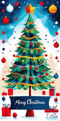 Cheerful Naive Christmas Card with Colorful Christmas Tree &ndash; Festive and Joyful Holiday Illustration