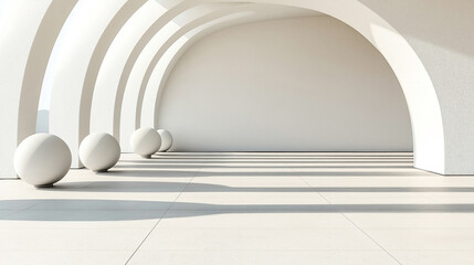 Obraz premium Minimalistic architectural scene with curved white arches and round smooth spheres casting shadows on a sunlit floor