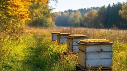 Four beehives lined up in a grassy field, with a forest in the background. The hives are made of wood and have a white paint finish.