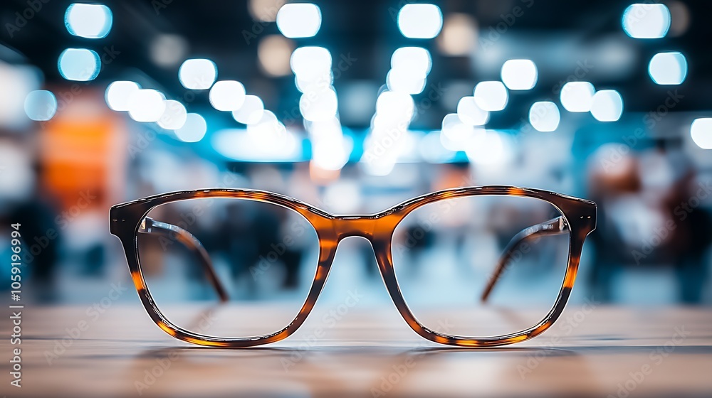 Poster trendy eyewear with tortoiseshell frames set against a lively bokeh background in a city : generativ