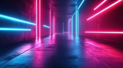 Naklejka premium A futuristic scene with a corridor of neon lights against a dark background,