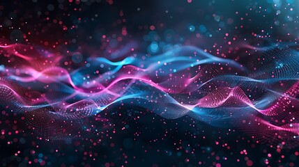 Fototapeta premium A vibrant abstract wave design with flowing lines and sparkling particles in pink and blue hues.