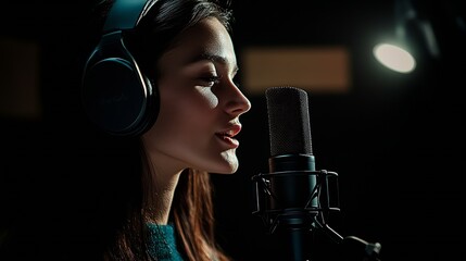 Professional Female Singer Recording Melodious Vocals at the Sound Studio : Generative AI