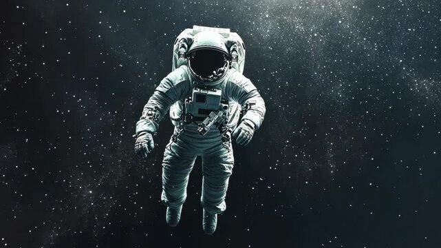An astronaut floats in space, surrounded by a field of stars