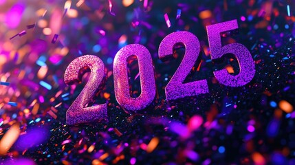 Shiny purple 2025 against a backdrop of colorful confetti.