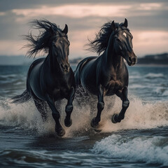 Fototapeta premium Black horses with flowing manes gallop along the shimmering shoreline, their powerful forms contrasting against the vibrant sea.
