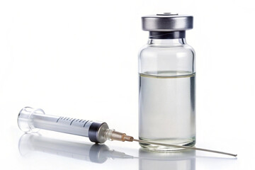 Clear glass vial with a white label and a grey syringe, isolated on white background