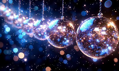 Colorful hanging ornaments with sparkling lights on a dark background.