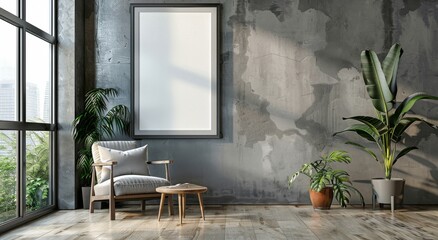 Modern Living Room With Grey Chair and Large Window View