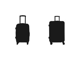 A black and white silhouette of a suitcase. Luggage baggage vector icons and black silhouettes. Summer vacation graphic element template in trendy style. isolated on white background.