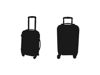 A black and white silhouette of a suitcase. Luggage baggage vector icons and black silhouettes. Summer vacation graphic element template in trendy style. isolated on white background.