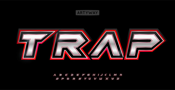 Edgy cyber alphabet, 3D bold angular letters with contour, metallic gradient font for sport game logos, sharp urban headline, futuristic typography, mucis branding. Vector typeset.