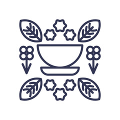 A bowl with leaves and flowers symbolizes natural wellness and herbal essence.