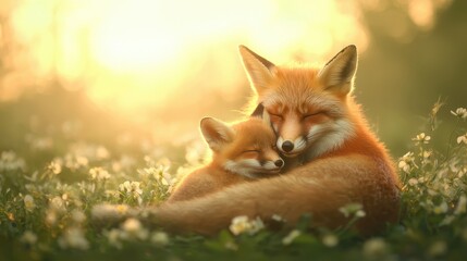 Obraz premium Mother fox and baby fox snuggling together on grass in forest with glowing sunlight
