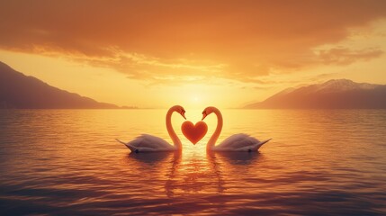 Fototapeta premium Two swans forming heart shape with necks on lake during a beautiful warm sunset