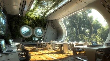 A futuristic classroom where students and teachers use advanced technology to collaborate
