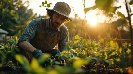 Obraz premium A gardener tending to plants in the early morning light, reflecting on the nourishment