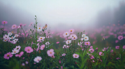 pink flowers in a foggy meadow