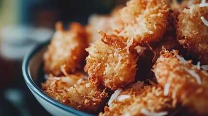 Close-up of crispy coconut shrimp prawns on a plate , appetizer, seafood, delicious, gourmet, fried, breaded, tropical. 
