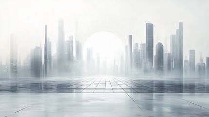 Fototapeta premium Urban Illusion: Commercial CBD Skyline with Exhibition Platforms and E-Commerce Under a Brilliant Sun